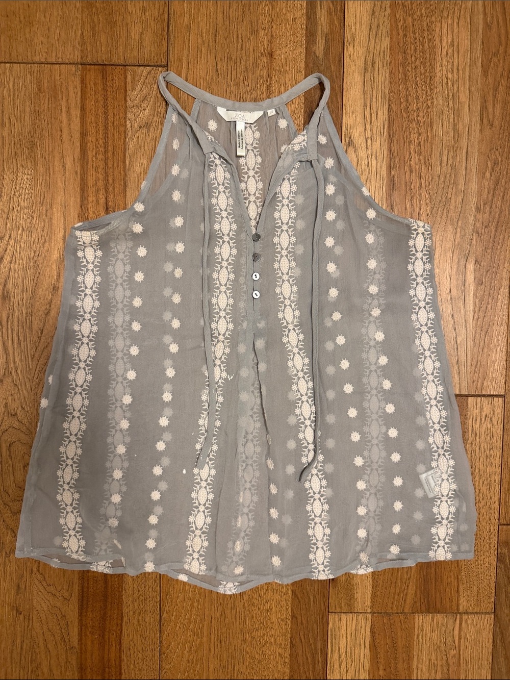 ZOA New York 100% Silk Embroidered Tank Top Anthropologie XS Gray Ivory